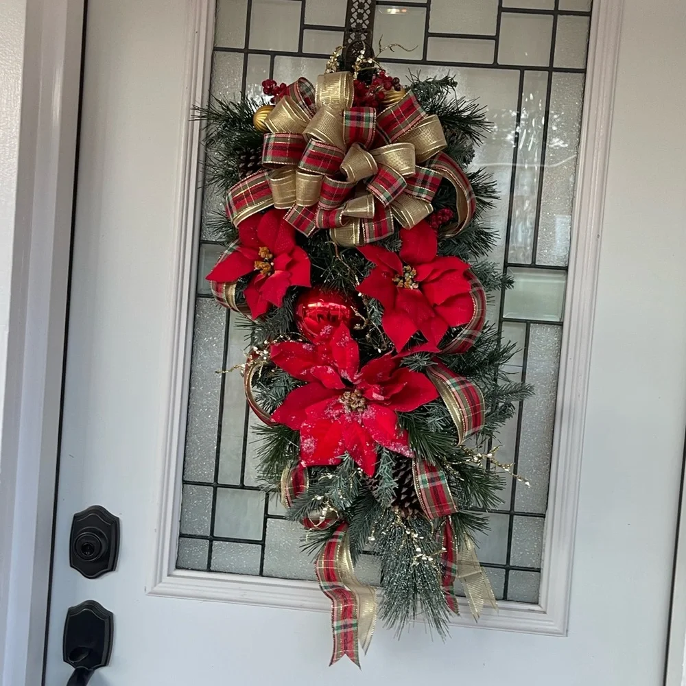 **Red Poinsettia Christmas Teardrop Swag Wreath Front door